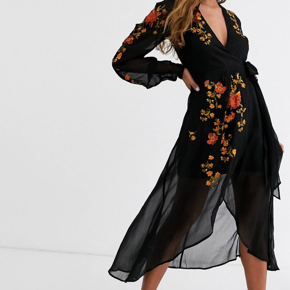 ASOS Black Chiffon Wrap Mini Dress with Orange Floral Embroidery